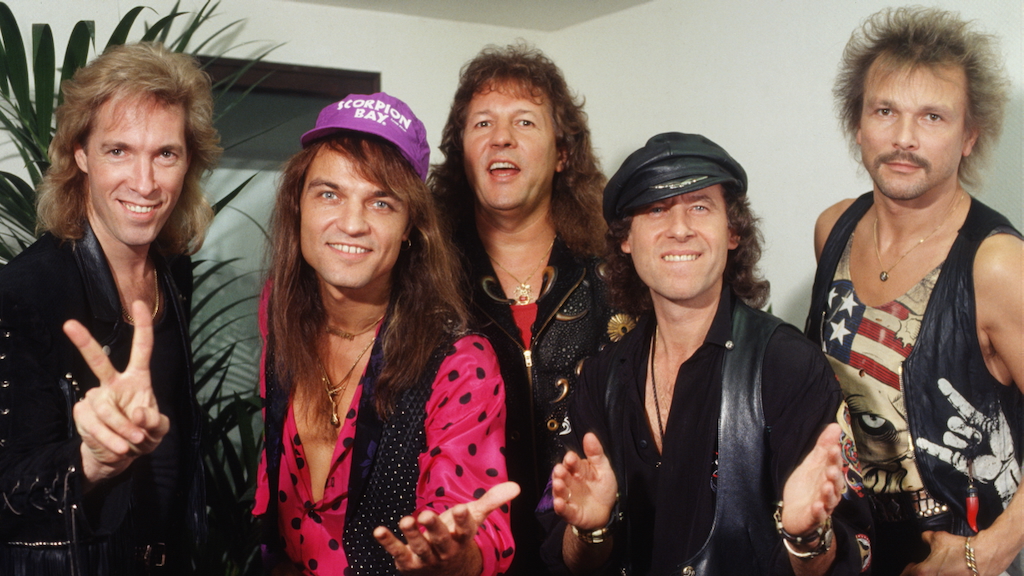 Die Scorpions 1991 im belgischen Gent im Umfeld der Flanders Expo: Francis Buchholz, Matthias Jabs, Herman Rarebell, Klaus Meine, Rudolf Schenker (v.l.)